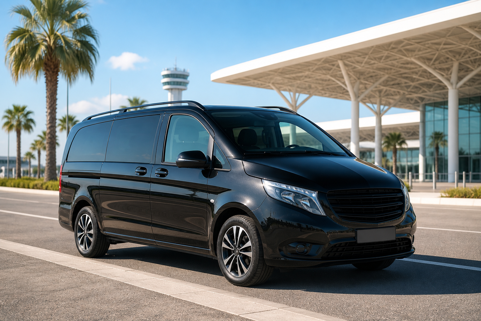 Black minivan transfer vehicle
