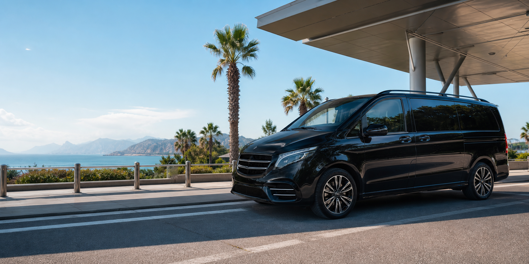 Black VIP minivan near Antalya airport and coastline
